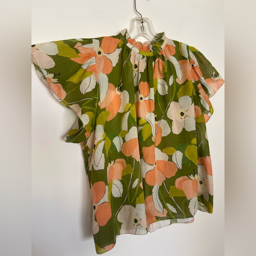 Trovata Carla Top Olive‎ Peach Floral Ruffled High-Neck Flutter Sleeve Blouse Sm
